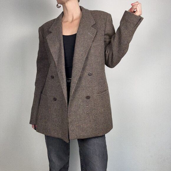 Vintage 80s 90s Oversized Wool Blazer Coat – Double Breasted Tweed, Boxy Fit - Picture 1 of 15